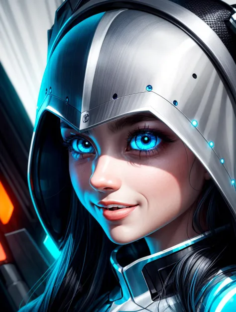 SFW, Solo:1.3,
vivid colors, cinematic hard lighting, realistic shadows, detailed textures, dynamic lighting, cgi,
cute,
a highly detailed portrait of a realistic metabot, detailed skin, detailed eyes, detailed armor, symmetrical face,
puffy face, smile, blushing, (happy:1.2), large ((blue eyes):1.1), (glowing eyes), long hair, glowing hair,
nice hands, perfect hands,
<lyco:GoodHands-beta2:1.0>
<lora:add_detail:1>