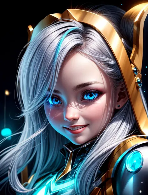 SFW, Solo:1.3,
vivid colors, cinematic hard lighting, realistic shadows, detailed textures, dynamic lighting, cgi,
cute,
a highly detailed portrait of a realistic metabot, detailed skin, detailed eyes, detailed armor, symmetrical face,
puffy face, smile, blushing, (happy:1.2), large ((blue eyes):1.1), (glowing eyes), long hair, glowing hair,
nice hands, perfect hands,
<lyco:GoodHands-beta2:1.0>
<lora:add_detail:1>