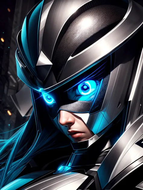 SFW, Solo:1.3,
vivid colors, cinematic hard lighting, realistic shadows, detailed textures, dynamic lighting, cgi,
a highly detailed portrait of a realistic metabot, detailed eyes, detailed armor, symmetrical face,
large ((blue eyes):1.1), (glowing eyes), long hair, glowing hair,
nice hands, perfect hands,
<lyco:GoodHands-beta2:1.0>
<lora:add_detail:1>