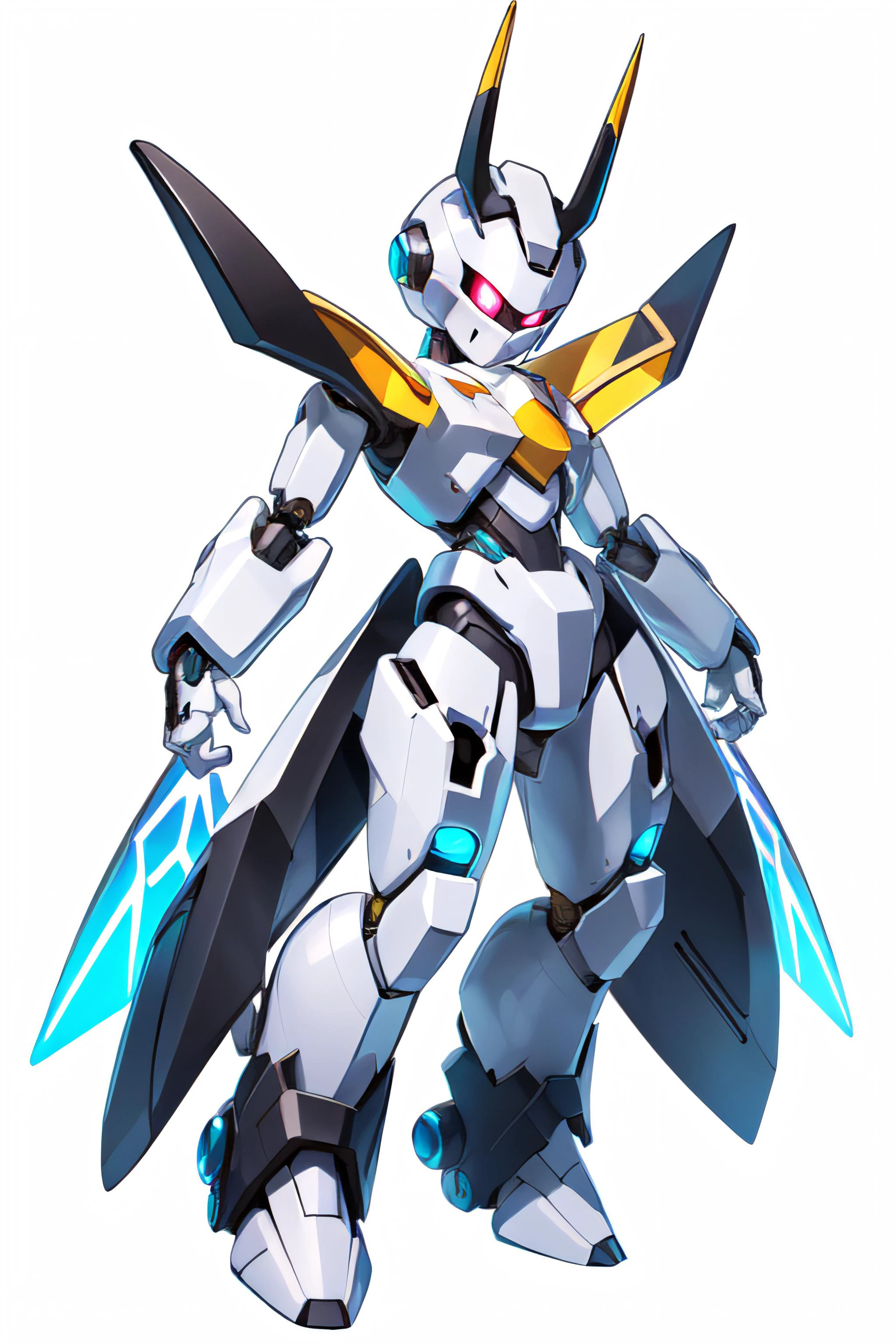solo digital image of a humanoid robot (MedabotV2) with halo horns on a wedged head with no mouth and sharp angular body with wings and has 2 arms, 2 hands, 2 legs, and glowing eyes, looking at viewer in full view with a random pose, symmetrical body, symmetry, white background, simple background,