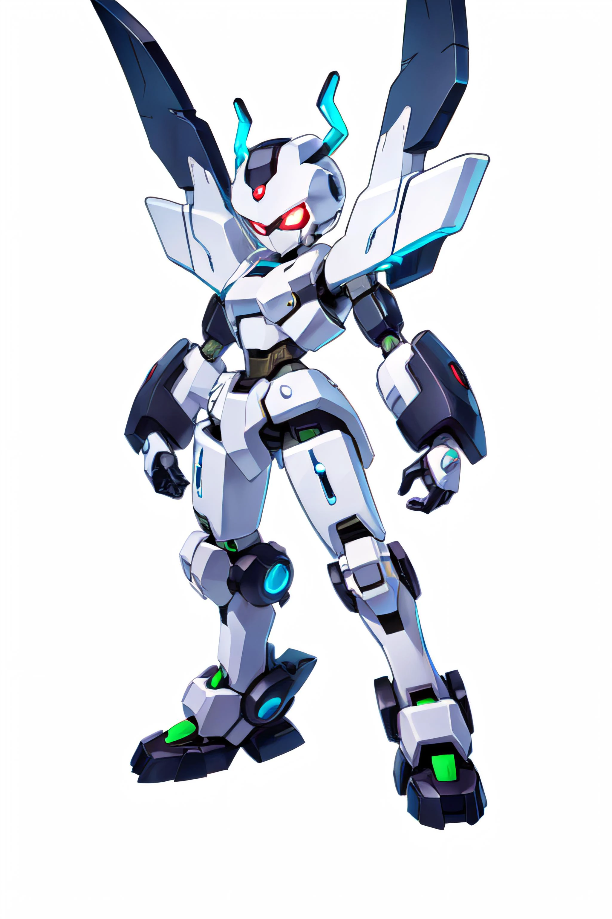 solo digital image of a humanoid robot (MedabotV2) with halo horns, no mouth and sharp angular body and wings with 2 arms, 2 hands, 2 legs, and glowing eyes, looking at viewer in full view with a random pose, symmetrical body, symmetry, white background, simple background,