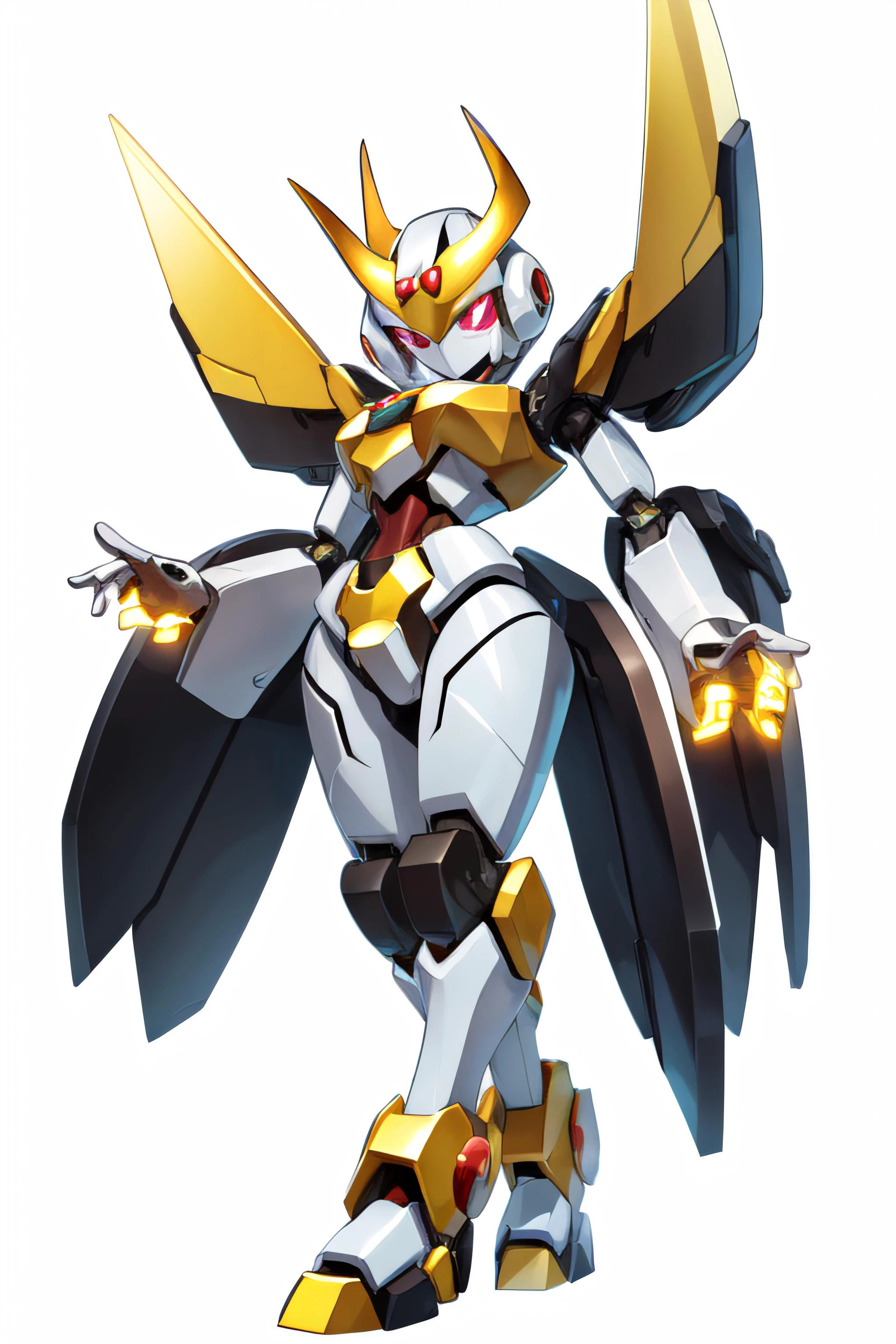 solo digital image of a humanoid robot (MedabotV2) with halo horns, no mouth and sharp angular body and wings with 2 arms, 2 hands, 2 legs, and glowing parts, looking at viewer in full view with a random pose, symmetrical body, symmetry, white background, simple background,