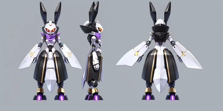 A solo white and black Medabot robot with gold trim with no mouth and glowing eyes, mechanical joints, antylamon, digimon, rabbit, lagomorph, big ears, arm markings, clothed, long ears, multicolored ears, long body, long arms, long legs, standing, scarf, armor, cuirass, digimon (creature), protogen, protogen visor, protogen face, sergal, ((three sided view,full body,simple background,multiple views,highres))., ((front view, back view, side view)), blueprint, (highres), (8k), (solo), no humans, <lora:SAU Antylamon V1.0:0.1> <lora:protogenLora_protogenV2Hard:0.1> <lora:sergals_v.1:0.1> <lora:more_details:0.1> <lora:MedabotLoraV1TrainedTest:0.2> <lora:threeviews:0.2> <lora:tuzhi:0.2>
