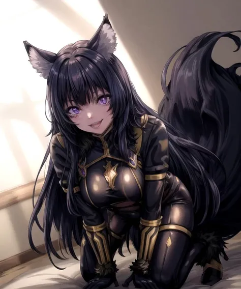 ((masterpiece)), ((best quality)), extremely fine and beautiful, super fine illustration, beautiful detailed girl, breasts, front view, facing at viewer, house wife, large breasts, embarrassed, breasts focus, black hair, straight bangs, large ass, medium breast, ballroom dress, pale skin, skinny, beautiful thighs, plump thighs, (happy:1.1), rosy lips, (muscular:1.4), (very long hair:1.2), covered, dark hair, long hair, large fox ears, blue eyes, profile, (((dark voluminous fox tail))) 1 girl, black hair, long hair, straight hair, blue eyes, parted lips, large breasts, cute, sweet, light smile, pursed lips, indoors, ballroom, outdoor corridor, movie lighting, perfect shadow, realistic lighting shaded