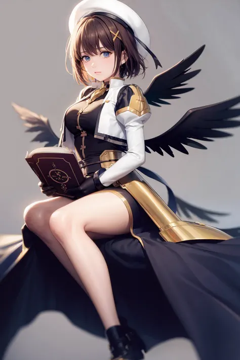 masterpiece, best quality,1girl,hair ornament,book,wings,grey background, (kbxll:0.6)