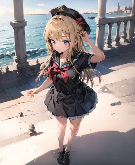 (masterpiece, best quality, intricate details, absurdres), 1girl, alone, cute, beautiful, innocent, seducing, adorable, sexy, elegant,vibrant colors, long hair, ,<lora:anmi-ver3:1:1:lbw=0.5,0.2,0.2,0.2,0.2,0.2,0.2,0.2,0.1,0.1,0.2,0.3,0.2,0,0.7,0.7,0.7,0.6,0.5,0.5,0.7,0.7,0.7,0.7,0.5,0.8>, serafuku, white sailor hat, full body, looking at viewer, hands through hair, standing, upper body, close up, venice, dawn, gold hair, blue eyes, Piazza San Marco, plaza