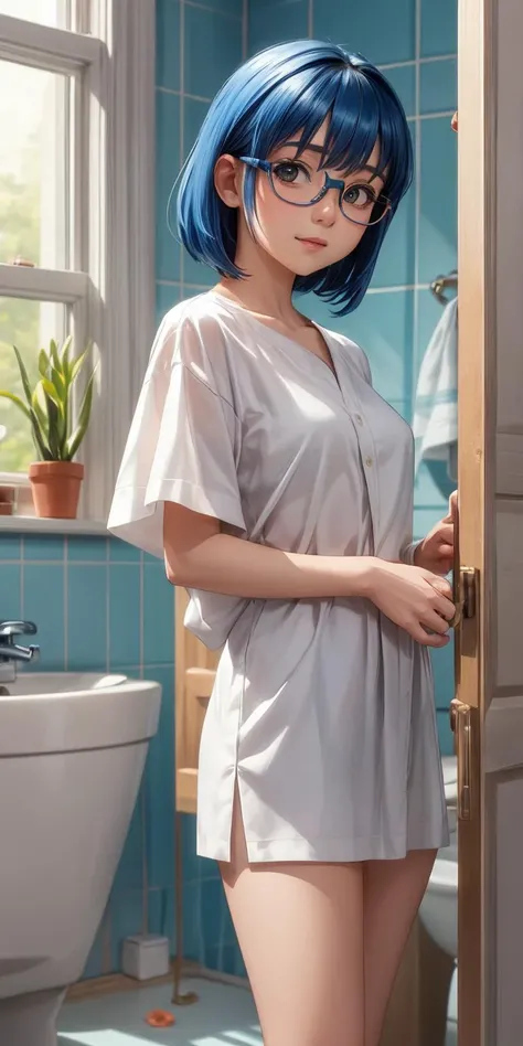 masterpiece,1girl,looking at viewer,from front,bathroom,<lora:SachieMurata:0.65>,sachiemurata,short blue hair,glasses,<lora:add_detail:0.6>,