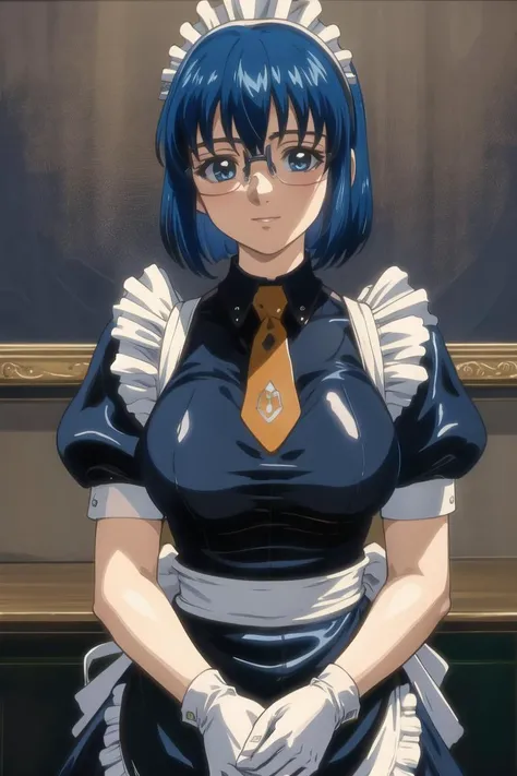 high resolution, masterpiece, high quality, perfect face,<lora:SachieMurata:1> sachiemurata, glasses, blue hair, short hair, blue eyes,maid, maid headdress, maid apron, black shirts, gloves, necktie,