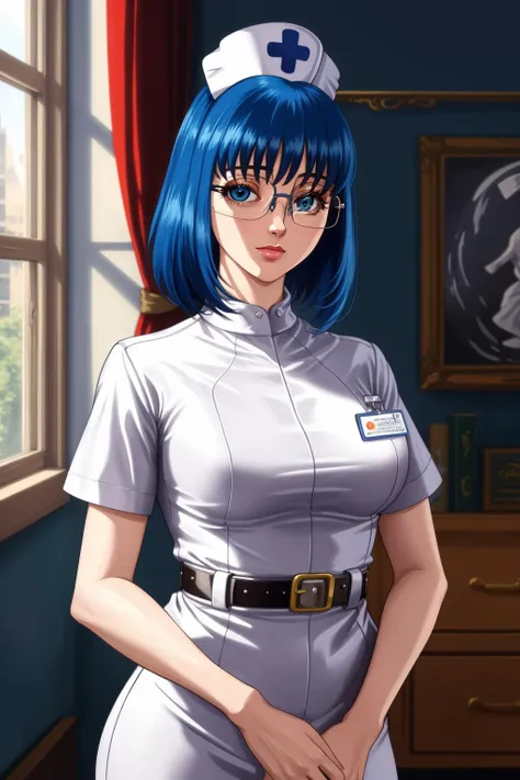 (masterpiece, best quality, high quality, highres, ultra-detailed),  <lora:SachieMurataV2:1>, , 2000s \(style\), retro artstyle, 
1girl, sachiemurata, glasses, blue hair, short hair, blue eyes,  looking at viewer, full body shot, 
nurse cap, nurse, belt, dress, white headwear, full body, looking at viewer, 
indoors, first aid station,
