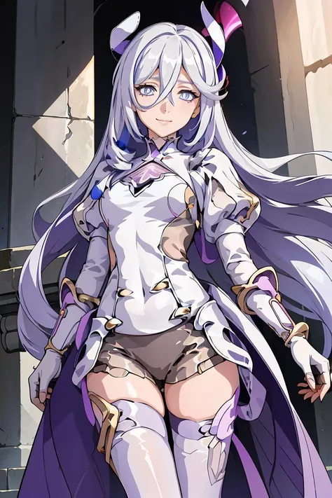 (masterpiece, best quality), 1girl, <lora:ç¾½å
:0.8> yutu honkai3rd,long hair,hair between eyes,solo,looking at viewer,gloves,closed mouth,smile,breasts,blue eyes,hair ornament,very long hair,long sleeves,white thighhighs,dress