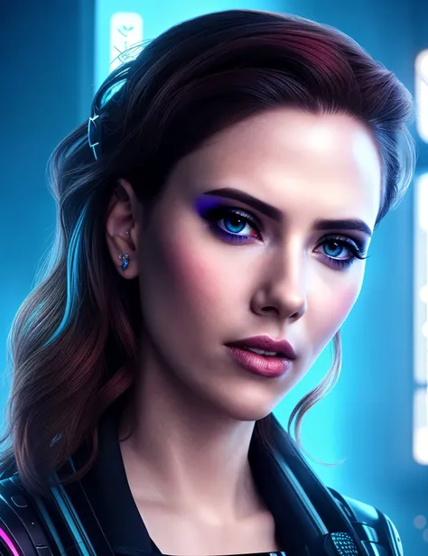a woman, looking at viewer, close up, (Cyberpunk), futuristic, neon, urban, dystopian <lora:Scarlett_J:0.85>