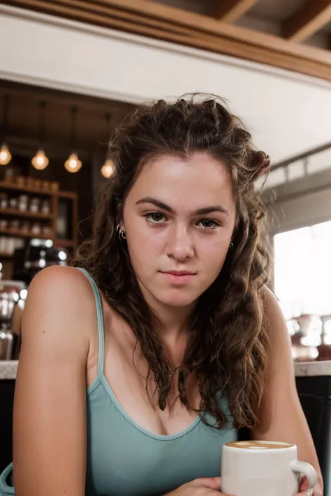 <lora:ATKAmber:0.8>, full color portrait of a young woman, having coffee at a vintage cafe, natural light, RAW photo, subject, 8k uhd, dslr, soft lighting, high quality, film grain, Nikon D850