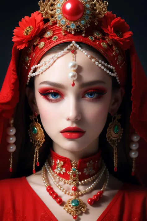 <lora:hn_20231012160802:0.9>,hn,1girl,solo,blue eyes,red theme,makeup,jewelry,looking at viewer,red lips,gem,hair ornament,blonde hair,necklace,beads,lipstick,upper body,eyeshadow,eyelashes,earrings,closed mouth,pearl \(gemstone\),lips,red background,flower,