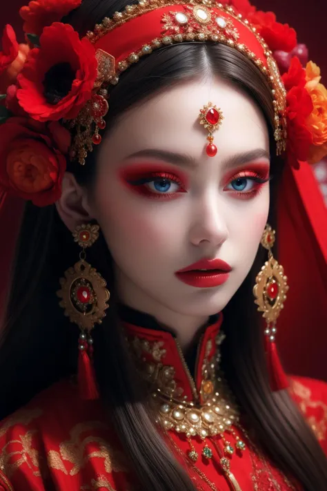 <lora:hn_20231012160802:0.9>,hn,1girl,solo,red theme,red lips,blue eyes,looking at viewer,makeup,gem,hair ornament,flower,closed mouth,upper body,red background,lipstick,tassel,jewelry,eyeshadow,blurry,red flower,eyelashes,traditional clothes,lips,portrait,