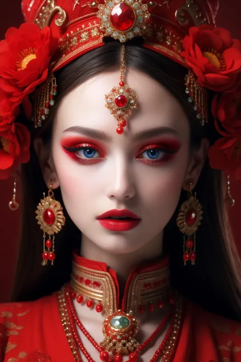 <lora:hn_20231012160802:0.9>,hn,1girl,solo,red theme,red lips,blue eyes,looking at viewer,makeup,gem,hair ornament,flower,closed mouth,upper body,red background,lipstick,tassel,jewelry,eyeshadow,blurry,red flower,eyelashes,traditional clothes,lips,portrait,