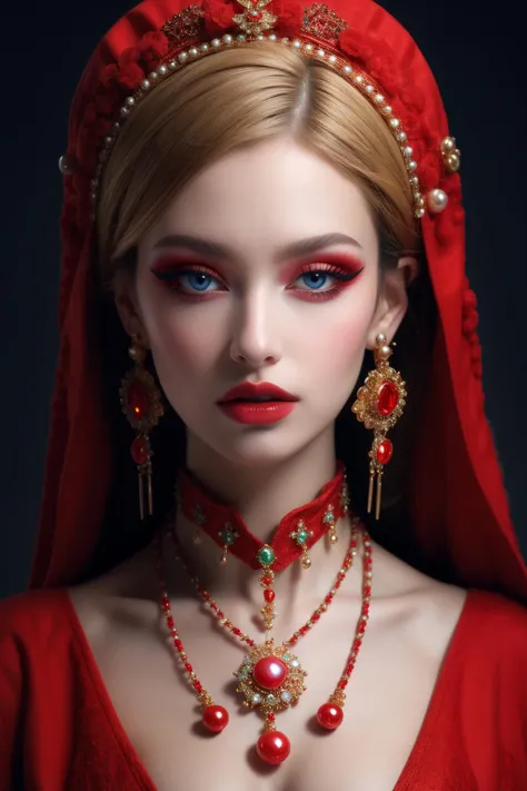 <lora:hn_20231012160802:0.9>,hn,1girl,solo,blue eyes,red theme,makeup,jewelry,looking at viewer,red lips,gem,hair ornament,blonde hair,necklace,beads,lipstick,upper body,eyeshadow,eyelashes,earrings,closed mouth,pearl \(gemstone\),lips,red background,flower,