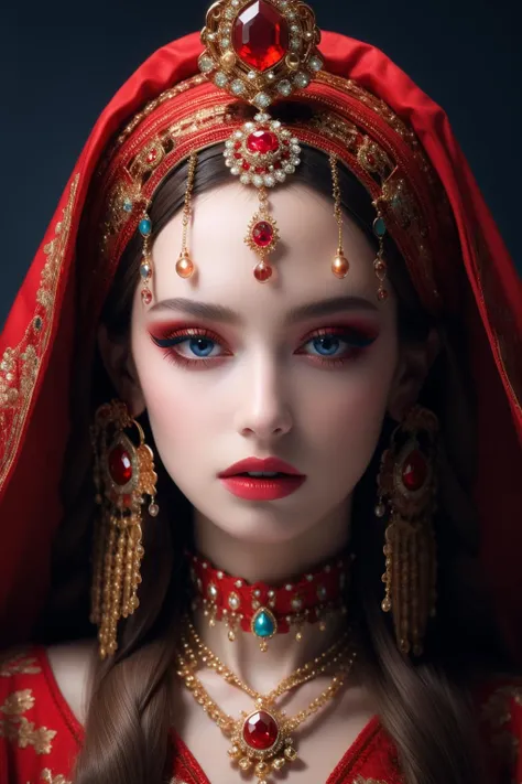 <lora:hn_20231012160802:0.9>,hn,1girl,solo,jewelry,veil,long hair,necklace,looking at viewer,blue eyes,gem,earrings,simple background,brown hair,head chain,portrait,lips,black background,red gemstone,realistic,red lips,beads,upper body,closed mouth,headdress,makeup,blue background,eyelashes,