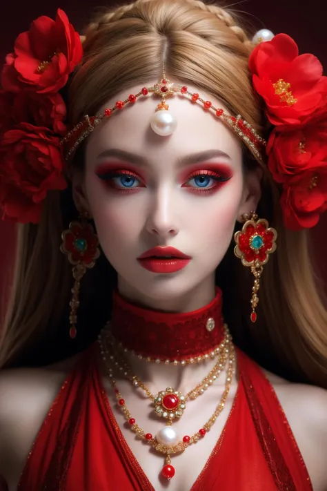 <lora:hn_20231012160802:0.9>,hn,1girl,solo,blue eyes,red theme,makeup,jewelry,looking at viewer,red lips,gem,hair ornament,blonde hair,necklace,beads,lipstick,upper body,eyeshadow,eyelashes,earrings,closed mouth,pearl \(gemstone\),lips,red background,flower,