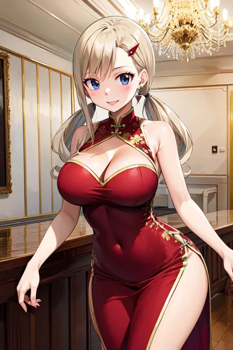masterpiece, best quality, highres, hmrb, long hair, low twintails, hairclip, earrings, <lora:rebecca_bluegarden_v1:0.7>, china dress, red dress, smile, chandelier, indoors, standing, cowboy shot,