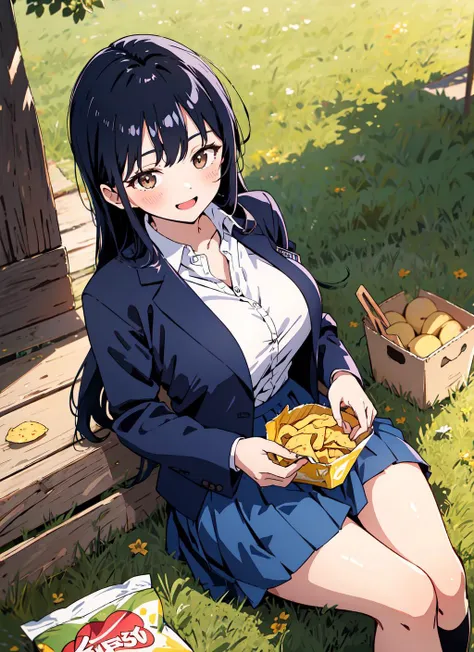 masterpiece, absurdres, ultra-detailed, Yamada Anna, brown eyes, long hair, long sleeves, shirt, blue jacket, open clothes, large breasts, school uniform, 1girl, blue skirt, skirt, black hair, pleated skirt, blazer, blush, white shirt, collared shirt, solo, <lora:Yamada_Anna-10:0.8>, (realistic:0.35), eating family size potato chip bag, blush, smile, surrounded by food, outdoors, outdoors, sitting on grass, colorful, open mouth,
