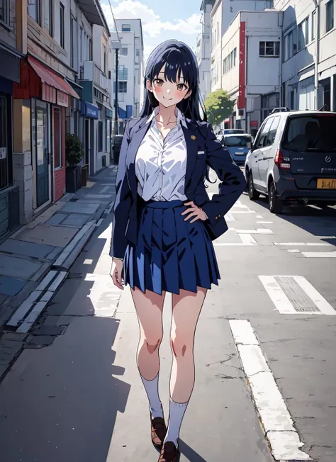 masterpiece, absurdres, ultra-detailed,  Yamada Anna, brown eyes, long hair, long sleeves, shirt, blue jacket, open clothes, large breasts, school uniform, looking at viewer, 1girl, blue skirt, skirt, black hair, pleated skirt, blazer, blush, white shirt, collared shirt, solo, <lora:Yamada_Anna-10:0.75>, trending on artstation, full body, outdoors, wind, trending on pixiv, hand on hips, smile, blush, anime screencap, miniskirt,