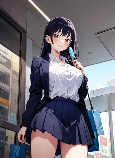 masterpiece, absurdres, ultra-detailed, Yamada Anna, 1girl, solo, long hair, blush, large breasts, black hair, long sleeves, brown eyes, school uniform, jacket, white shirt, pleated skirt, collared shirt, blue skirt, blazer, cardigan, blue jacket, (realistic:0.35), blush, smile, from below, looking at viewer, shopping bags, shopping mall, breast pocket, <lora:Yamada_Anna-15:0.65>, holding popsicle,