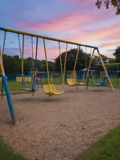 An ais-abandz playground at dusk, swings swaying gently in the breeze <lora:Abandoned_SDXL:1>, 4k, uhd,masterpiece