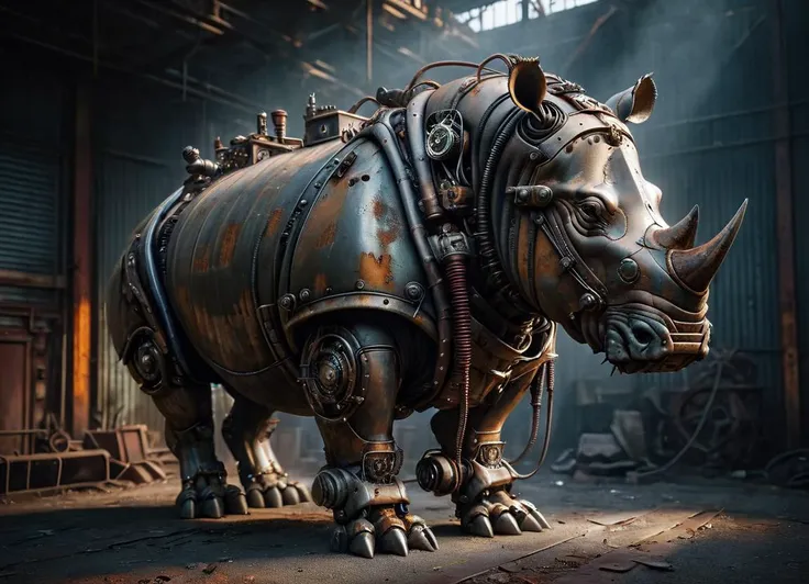 cinematic photo Mechanical cyborg (rhino), (((steampunk))), rusty old armor, old metal, robot, (((full body visible))), wires, realistic, creepy, scary, cables, apocalyptic background, looking at viewer, portrait, photography, detailed skin, realistic, photo-realistic, 8k, highly detailed, full length frame, High detail RAW color art, piercing, diffused soft lighting, shallow depth of field, sharp focus, hyperrealism, cinematic lighting <lora:Abandoned_SDXL:0.8> ais-abandz . 35mm photograph, film, bokeh, professional, 4k, highly detailed