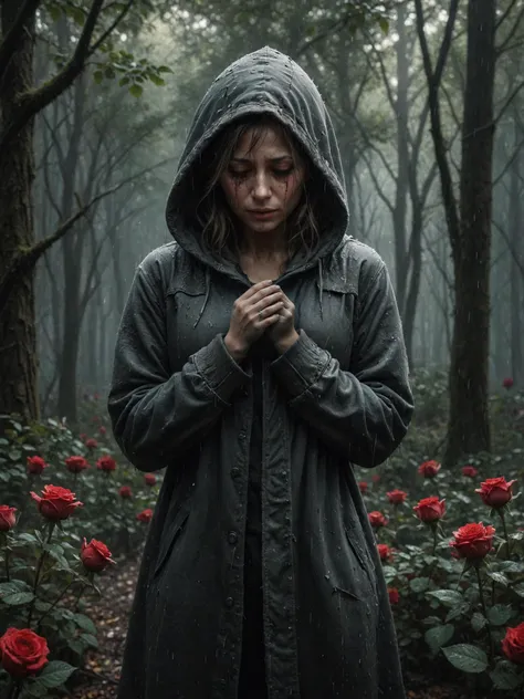 broken grief heart character crying, grief scene, most of red roses, most details, raining weather, in the dark forest, 32k, UHD, HDR, crying, tears, wearing hooded coat, <lora:Abandoned_SDXL:0.8> ais-abandz, (dark theme:1.2), <lora:Perfect Hands v2:0.8> Perfect Hands