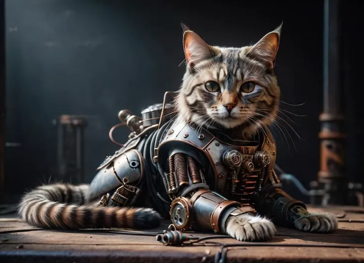 cinematic photo Mechanical cyborg cat, (((steampunk))), rusty old armor, old metal, robot, (((full body visible))), wires, realistic, creepy, scary, cables, apocalyptic background, looking at viewer, portrait, photography, detailed skin, realistic, photo-realistic, 8k, highly detailed, full length frame, High detail RAW color art, piercing, diffused soft lighting, shallow depth of field, sharp focus, hyperrealism, cinematic lighting <lora:Abandoned_SDXL:0.8> ais-abandz . 35mm photograph, film, bokeh, professional, 4k, highly detailed