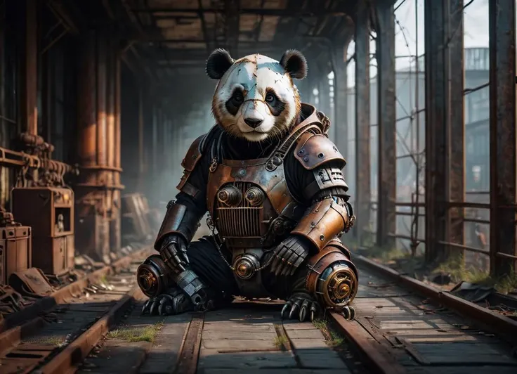 cinematic photo Mechanical cyborg (panda), (((steampunk))), rusty old armor, old metal, robot, (((full body visible))), wires, realistic, creepy, scary, cables, apocalyptic background, looking at viewer, portrait, photography, detailed skin, realistic, photo-realistic, 8k, highly detailed, full length frame, High detail RAW color art, piercing, diffused soft lighting, shallow depth of field, sharp focus, hyperrealism, cinematic lighting <lora:Abandoned_SDXL:0.8> ais-abandz . 35mm photograph, film, bokeh, professional, 4k, highly detailed