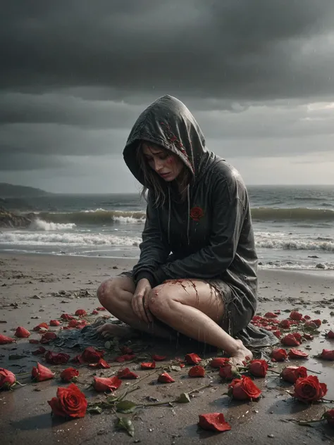 broken grief heart character crying, grief scene, most of red roses, most details, raining weather, blitz lighting at beach, 32k, UHD, HDR, crying, tears, wearing hood, <lora:Abandoned_SDXL:0.8> ais-abandz, (dark theme:1.2)