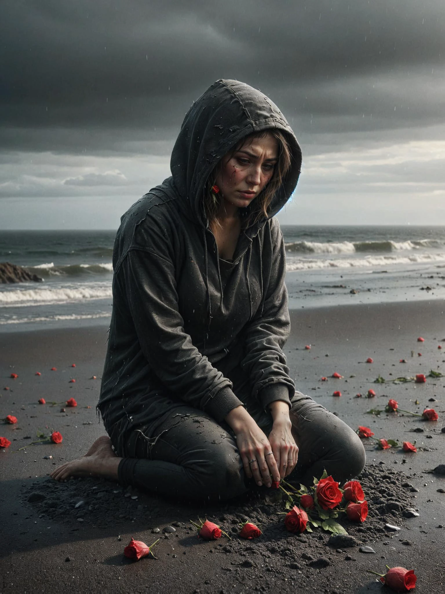 broken grief heart character crying, grief scene, most of red roses, most details, raining weather, blitz lighting at beach, 32k, UHD, HDR, crying, tears, wearing hood, <lora:Abandoned_SDXL:0.8> ais-abandz, (dark theme:1.2), (black sand:1.1), <lora:Perfect Hands v2:0.8> Perfect Hands