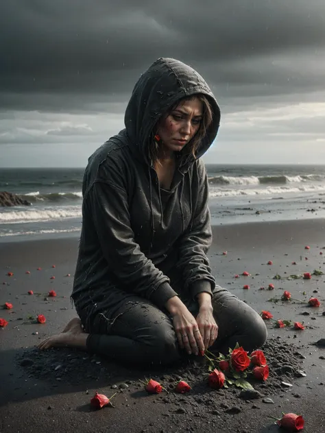 broken grief heart character crying, grief scene, most of red roses, most details, raining weather, blitz lighting at beach, 32k, UHD, HDR, crying, tears, wearing hood, <lora:Abandoned_SDXL:0.8> ais-abandz, (dark theme:1.2), (black sand:1.1),  <lora:Perfect Hands v2:0.8> Perfect Hands