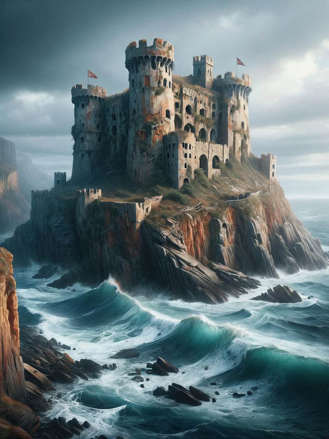 An ais-abandz fortress on a sea-facing cliff, enduring the relentless assault of waves and wind <lora:Abandoned_SDXL:1>, 4k, uhd,masterpiece
