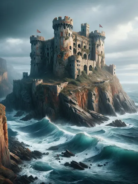 An ais-abandz fortress on a sea-facing cliff, enduring the relentless assault of waves and wind <lora:Abandoned_SDXL:1>, 4k, uhd,masterpiece