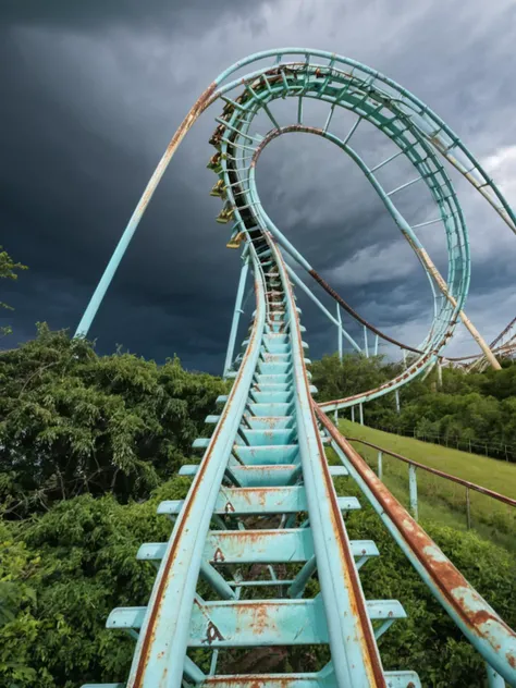 An ais-abandz rollercoaster, under a stormy sky <lora:Abandoned_SDXL:1>,4k, uhd,masterpiece