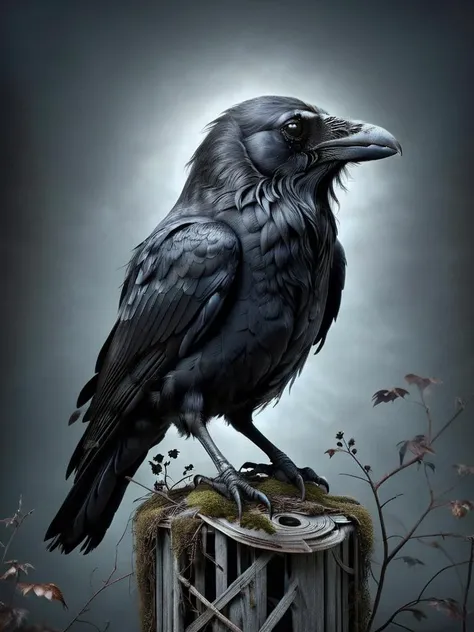 ais-abandzaward-winning photography of a raven with ominous caw, glowing, whimsical, enchanted, magical, fantasy art concept, intricate details, masterpiece, best quality, realism, hyper realistic <lora:Abandoned_SDXL:0.9>