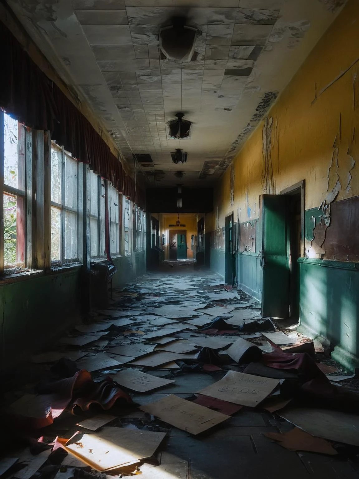 An ais-abandz school corridor <lora:Abandoned_SDXL:1>, 4k, uhd,masterpiece <lora:Sinister_Style_SDXL:0.7>, ais-sinisterz