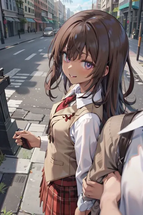nsfw, (masterpiece:1.4), 4K8K, (anime style), (high shutterspeed:1.1), (sharp edges),
pov, pov_arm_hug, public indecency,
brown Women arms link, looking up,
caramel hair, hime cut, (brown skin:1.4), (Detailed face, Detailed shany eyes, Detailed lips),
(on city streets from side above:1.3),
BREAK
smirk, (small stature, pointy breasts:1.3),
wearing (beige vest, sheer shirt), front-tie black bra, red kilt skirt,
<lyco:pov_arm_hug:0.6>