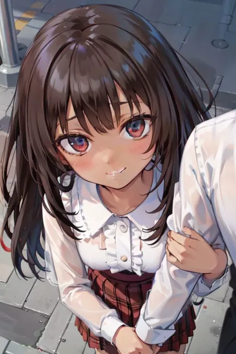 nsfw, (masterpiece:1.4), 4K8K, (anime style), (high shutterspeed:1.1), (sharp edges),
pov, pov_arm_hug, public indecency,
brown Women arms hug, arms link, looking up,
caramel hair, hime cut, (brown skin:1.4), (Detailed face, Detailed shany eyes, Detailed lips),
(on city streets from above:1.3),
BREAK
smirk, (small stature, medium breasts, pointy breasts:1.3),
wearing (sheer shirt), front-tie black bra, red kilt skirt,
<lyco:pov_arm_hug:0.6>