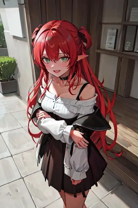 (otherworldly), highly insanely detailed, masterpiece, top quality, best quality, highres, 4k, 8k, RAW photo, (very aesthetic, beautiful and aesthetic), <lora:pov_arm_hug:0.7>,
(pov_arm_hug pov), your Waifu is hugging your arm,
1girl, breasts, looking at viewer, bangs, brown hair, 1boy, dress, bare shoulders, collarbone, flower, :d, sidelocks, outdoors, solo focus, choker, off shoulder, collar, no bra, shadow, from above, choker, looking up, short hair with long locks, jacket, off-shoulder dress, downblouse,
1girl, solo,
Tower13_Gizelle,
a beautiful elvish girl,
dark_skin, tan_skin, tanned skin, dark skin, dark-skinned, black-skinned, bronze skin,
(fiery red hair,dark green hair,colored inner hair),
rural school, (fantasy world)