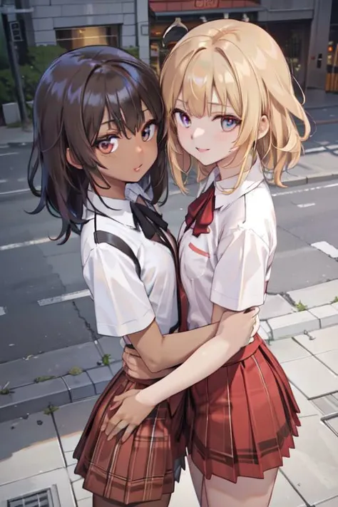 nsfw, (masterpiece:1.4), 4K8K, (anime style), (high shutterspeed:1.1), (sharp edges),
pov, pov_arm_hug, public indecency,
brown Women arms link, looking up,
caramel hair, hime cut, (brown skin:1.4), (Detailed face, Detailed shany eyes, Detailed lips),
(on city streets from side above:1.3),
BREAK
smirk, (small stature, pointy breasts:1.3),
wearing (beige vest, sheer shirt), front-tie black bra, red kilt skirt,
<lyco:pov_arm_hug:0.6>