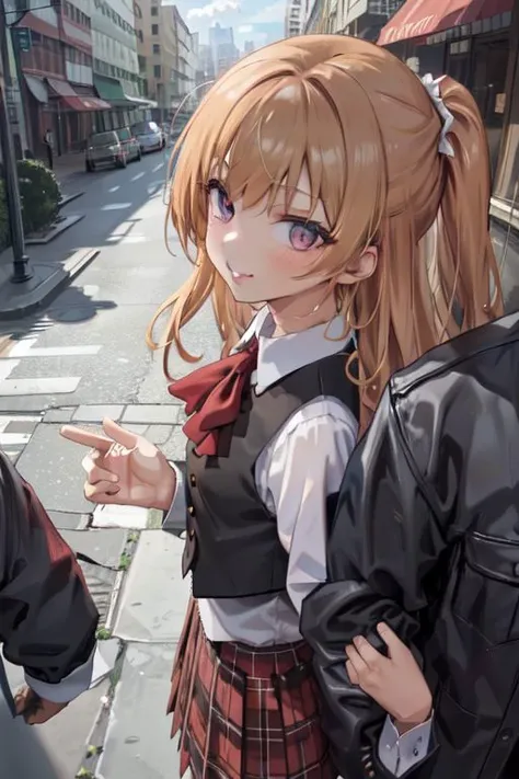 nsfw, (masterpiece:1.4), 4K8K, (anime style), (high shutterspeed:1.1), (sharp edges),
pov, pov_arm_hug, public indecency,
brown Women arms link, looking up,
caramel hair, hime cut, (brown skin:1.4), (Detailed face, Detailed shany eyes, Detailed lips),
(on city streets from side above:1.3),
BREAK
smirk, (small stature, pointy breasts:1.3),
wearing (beige vest, sheer shirt), front-tie black bra, red kilt skirt,
<lyco:pov_arm_hug:0.6>