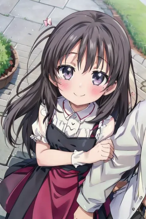 masterpiece, best quality,<lora:GoodHands-vanilla:0.7> <lora:anmnr01:0.3> <lora:add_detail:0.5>, 1girl,petite , <lora:KokoroKatsura:0.6>,KokoroKatsura, <lora:pov_arm_hug:0.6>,pov_arm_hug, hug arm,looking at viewer, blush, smile, 1boy, dress, sidelocks, outdoors, solo focus, from above, looking up,darkgray hair,flower,