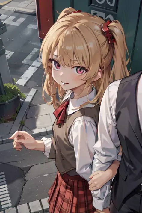 nsfw, (masterpiece:1.4), 4K8K, (anime style), (high shutterspeed:1.1), (sharp edges),
pov, pov_arm_hug, public indecency,
brown Women arms link, looking up,
caramel hair, hime cut, (brown skin:1.4), (Detailed face, Detailed shany eyes, Detailed lips),
(on city streets from side above:1.3),
BREAK
smirk, (small stature, pointy breasts:1.3),
wearing (beige vest, sheer shirt), front-tie black bra, red kilt skirt,
<lyco:pov_arm_hug:0.6>