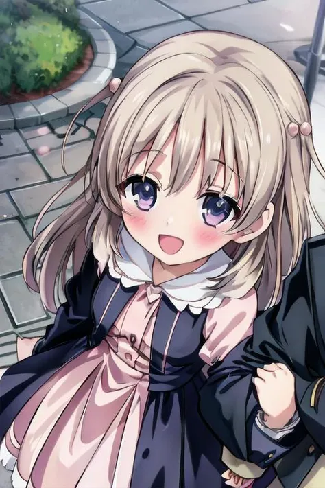 masterpiece, best quality,<lora:GoodHands-vanilla:0.8> <lora:anmnr01:0.3> <lora:add_detail:0.5>, 1girl,petite , <lora:KokoroKatsura:0.6>,KokoroKatsura, <lora:pov_arm_hug:0.6>,pov_arm_hug, looking at viewer, blush, smile, 1boy, dress, :d, sidelocks, outdoors, solo focus, from above, looking up