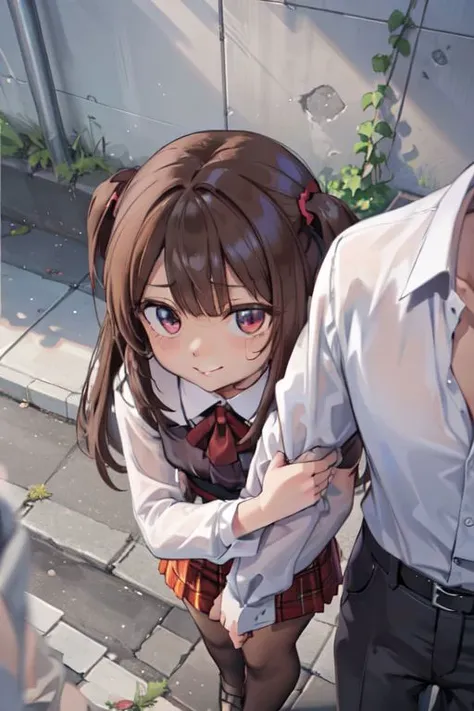 nsfw, (masterpiece:1.4), 4K8K, (anime style), (high shutterspeed:1.1), (sharp edges),
pov, pov_arm_hug, public indecency,
brown Women arms hug, arms link, looking up,
caramel hair, hime cut, (brown skin:1.4), (Detailed face, Detailed shany eyes, Detailed lips),
(on city streets from above:1.3),
BREAK
smirk, (small stature, medium breasts, pointy breasts:1.3),
wearing (sheer shirt), front-tie black bra, red kilt skirt,
<lyco:pov_arm_hug:0.6>