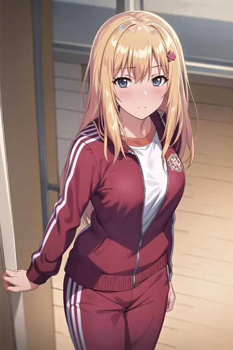 best quality, (masterpiece:1.2), highly detailed, indoors, day, school, gym,
1girl, solo, <lora:chara_ShishunkiSex_Yoshizawa_v1:0.8>, yoshizawa,
looking at the viewer, blush, standing,
blue eyes, blonde hair, long hair, hair ornament, track suit