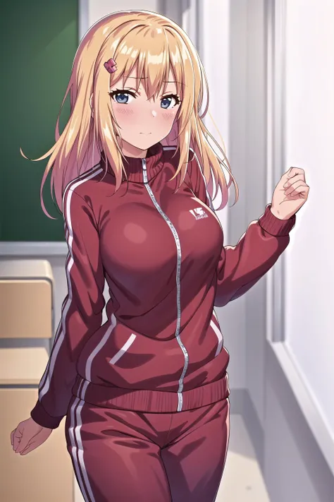 best quality, (masterpiece:1.2), highly detailed, indoors, day, school,
1girl, solo, <lora:chara_ShishunkiSex_Yoshizawa_v1:0.8>, yoshizawa,
looking at the viewer, blush, standing,
blue eyes, blonde hair, long hair, hair ornament, track suit